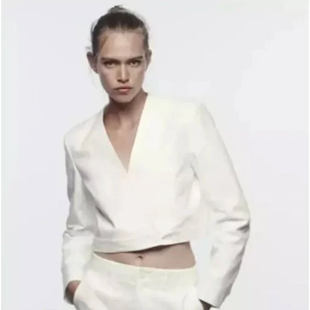Zara Womens Linen Blend Cropped Single Button Blazer Jacket Small White SP NWT
